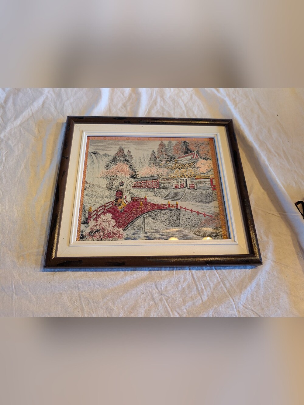 2/60$ Vintage Red, Pink and Cream embroidered/ tapestry Asian Landscape Wall Art